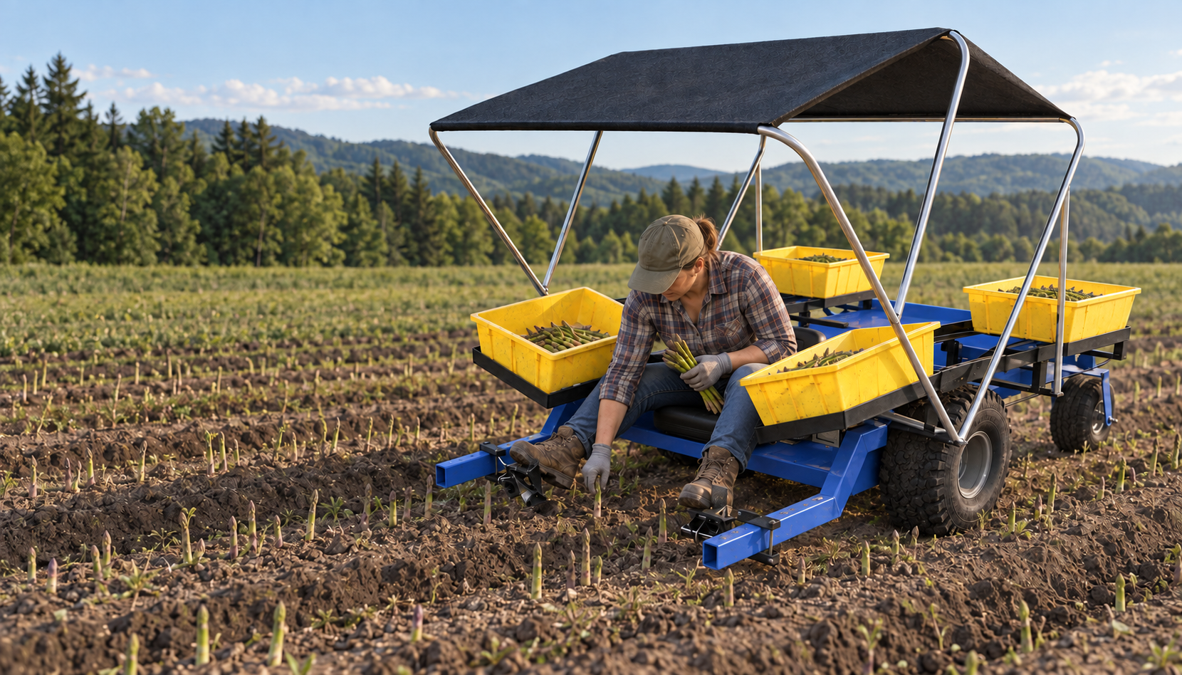 Blue AsparaGo picker with yellow produce bins in an asparagus field